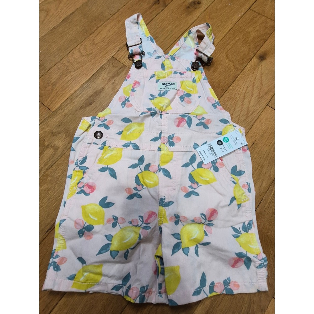 OshKosh Bgosh Girls Pink Lemon Fruit Print Shortall Overalls 4T New